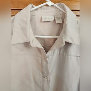 Studio Works Womens Poly Beige Faux Suede Long Sleeve Button Down Blouse SZ L